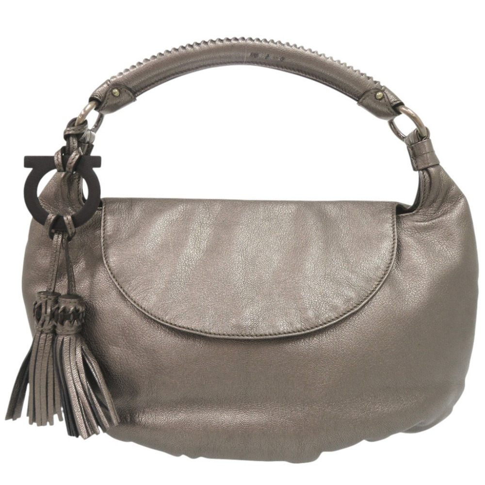 Salvatore Ferragamo Gancini Tassel Leather Metallic Gray One-Shoulder Bag Han...